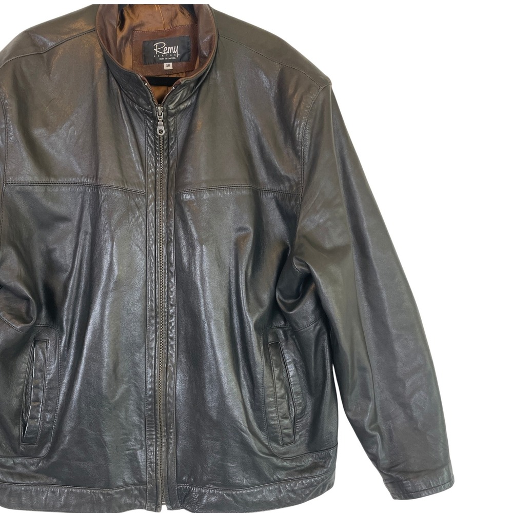 Remy Leather Jacket Mens Size 48 Bomber Full Zip Brown Lined Made in USA